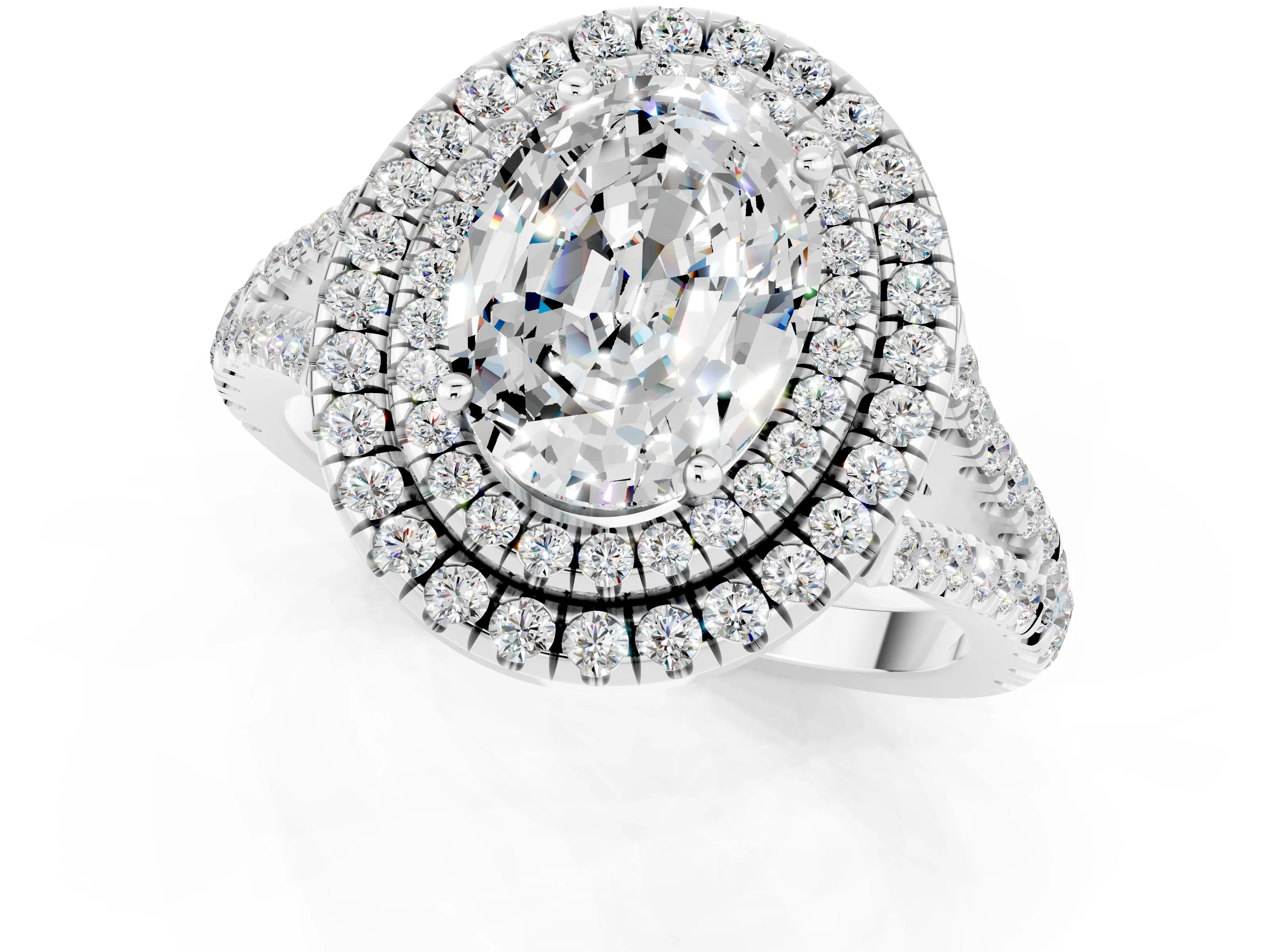 White gold Oval Cut Moissanite Double Halo Ring with Pavé Band and Prong Setting_13