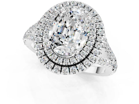 White gold Oval Cut Moissanite Double Halo Ring with Pavé Band and Prong Setting_13