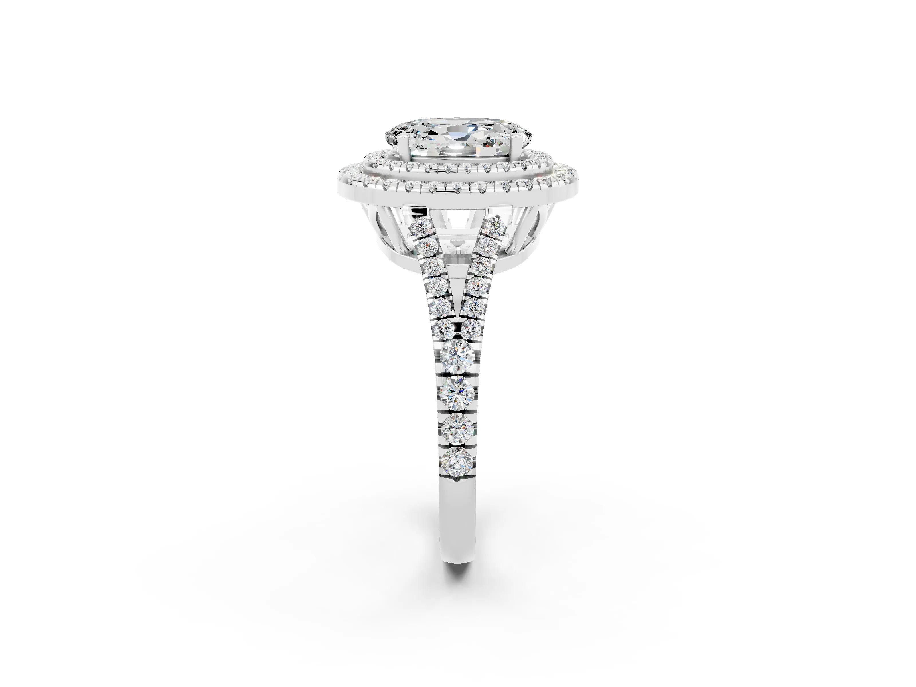 White gold Oval Cut Moissanite Double Halo Ring with Pavé Band and Prong Setting_14