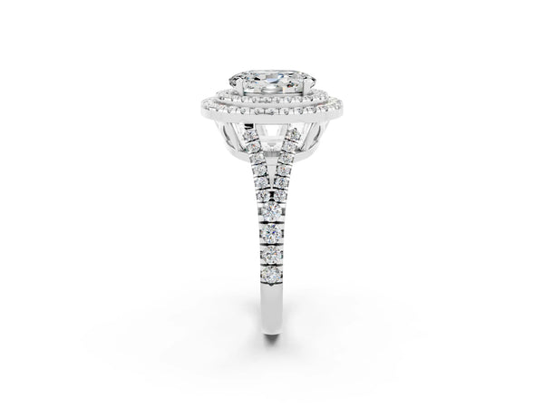 Platinum Oval Cut Moissanite Double Halo Ring with Pavé Band and Prong Setting