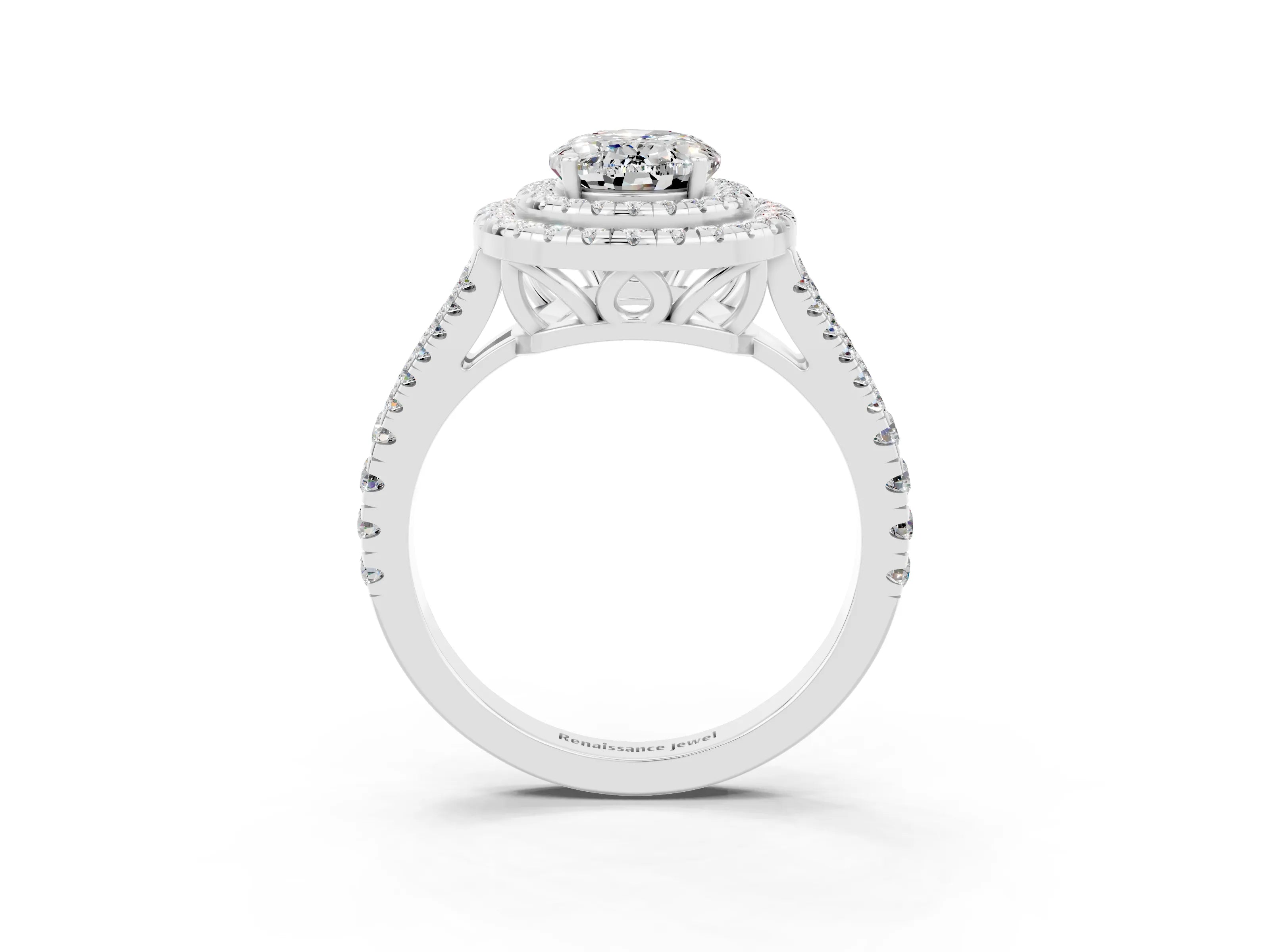 White gold Oval Cut Moissanite Double Halo Ring with Pavé Band and Prong Setting_15