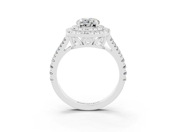 Silver Oval Cut Moissanite Double Halo Ring with Pavé Band and Prong Setting