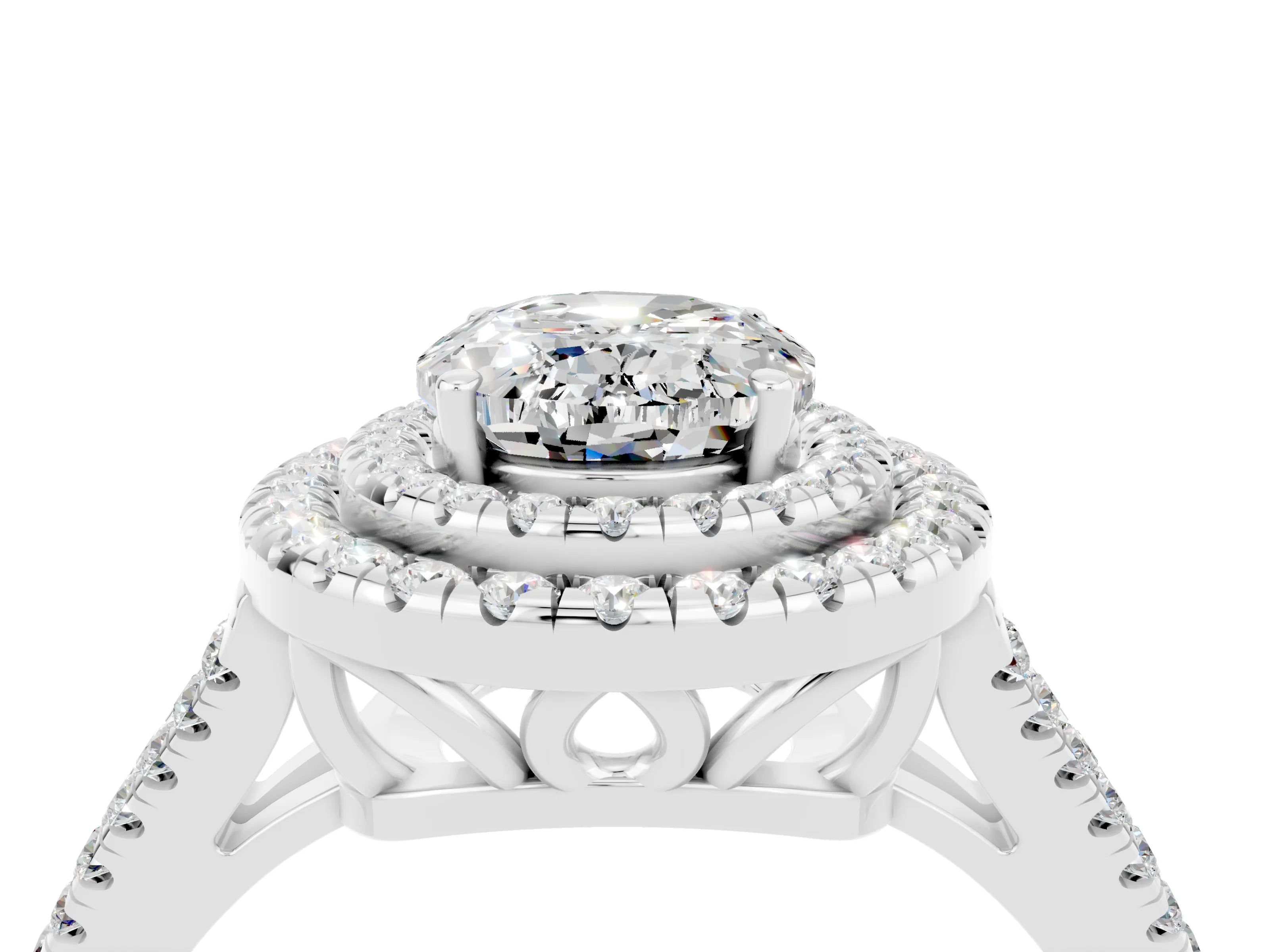 White gold Oval Cut Moissanite Double Halo Ring with Pavé Band and Prong Setting_16