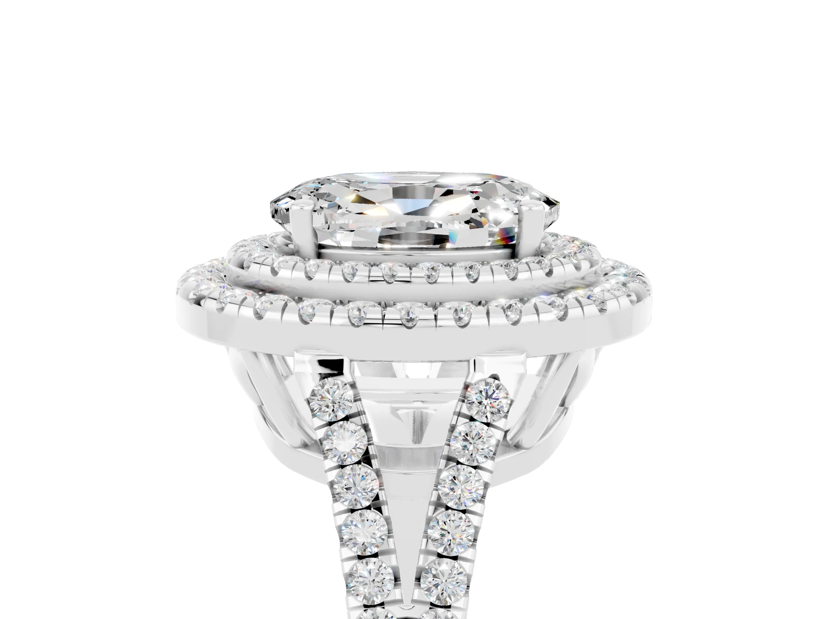 White gold Oval Cut Moissanite Double Halo Ring with Pavé Band and Prong Setting_17