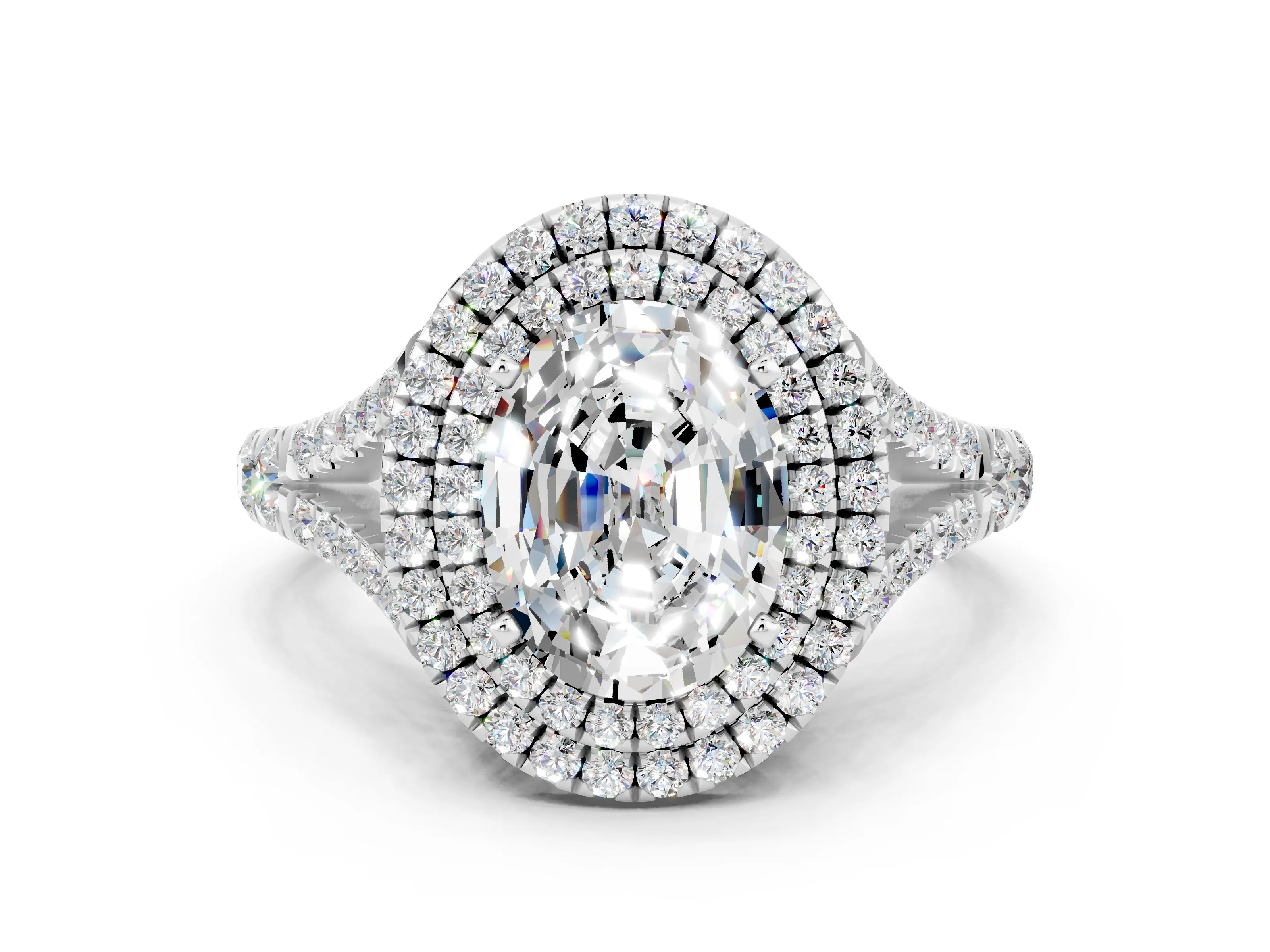 White gold Oval Cut Moissanite Double Halo Ring with Split Shank and Prong Setting_12