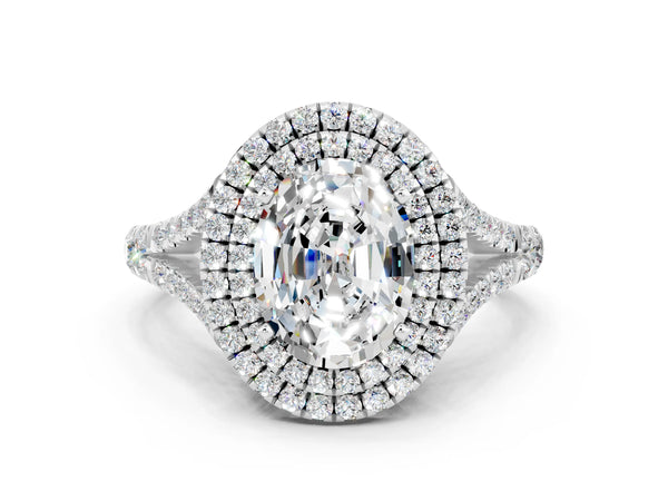 Platinum Oval Cut Moissanite Double Halo Ring with Split Shank and Prong Setting