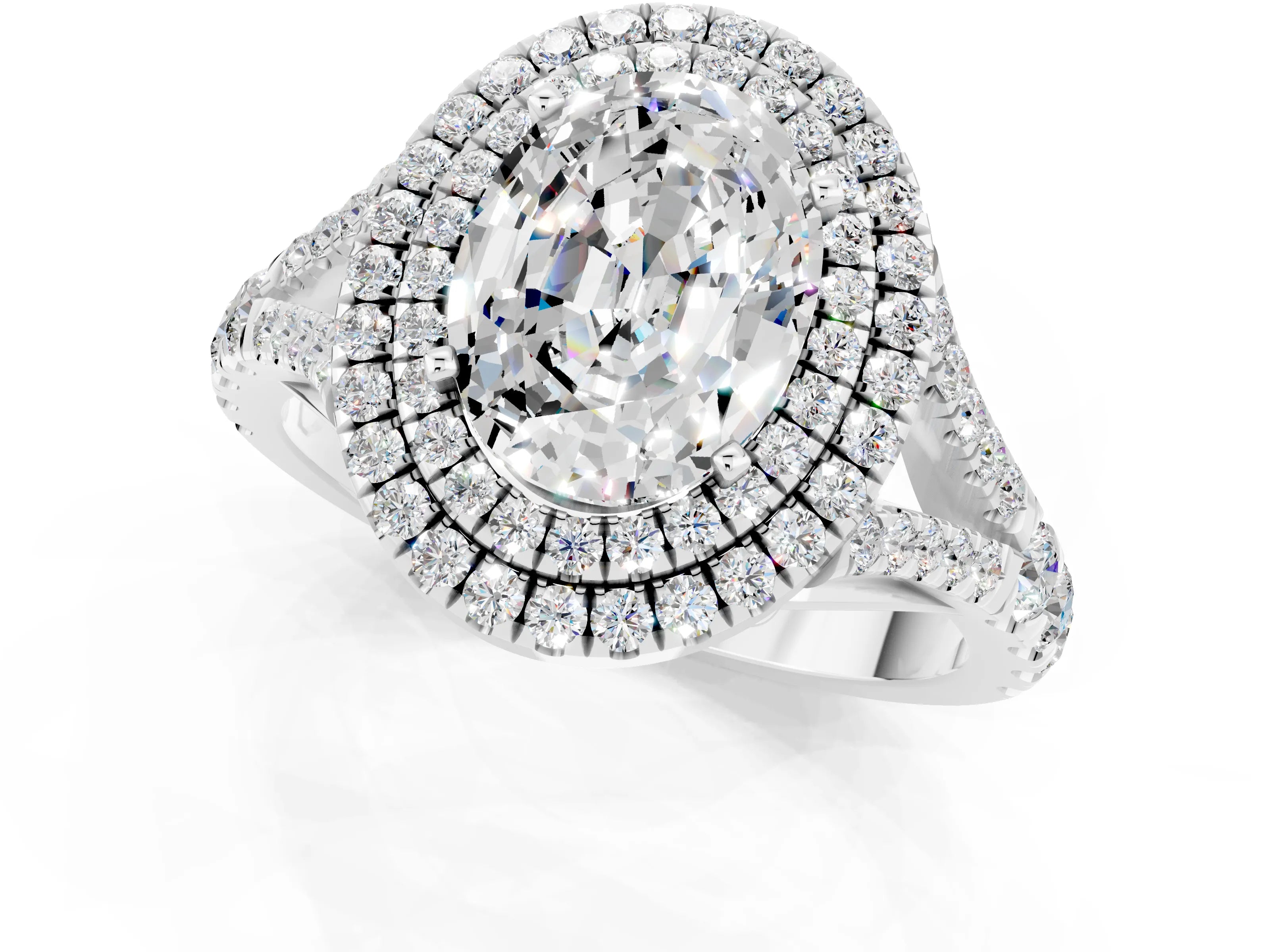 White gold Oval Cut Moissanite Double Halo Ring with Split Shank and Prong Setting_13