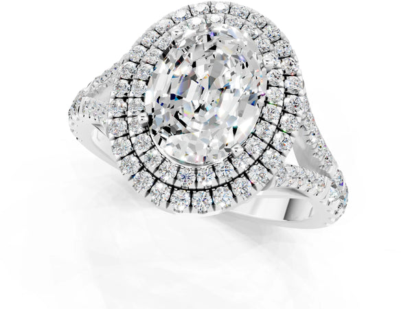 Silver Oval Cut Moissanite Double Halo Ring with Split Shank and Prong Setting