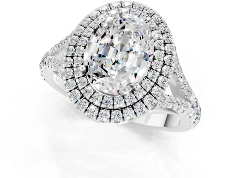 White gold Oval Cut Moissanite Double Halo Ring with Split Shank and Prong Setting_13