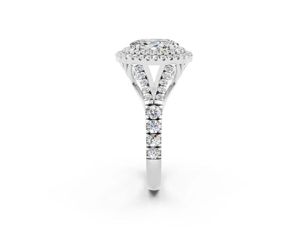 Platinum Oval Cut Moissanite Double Halo Ring with Split Shank and Prong Setting