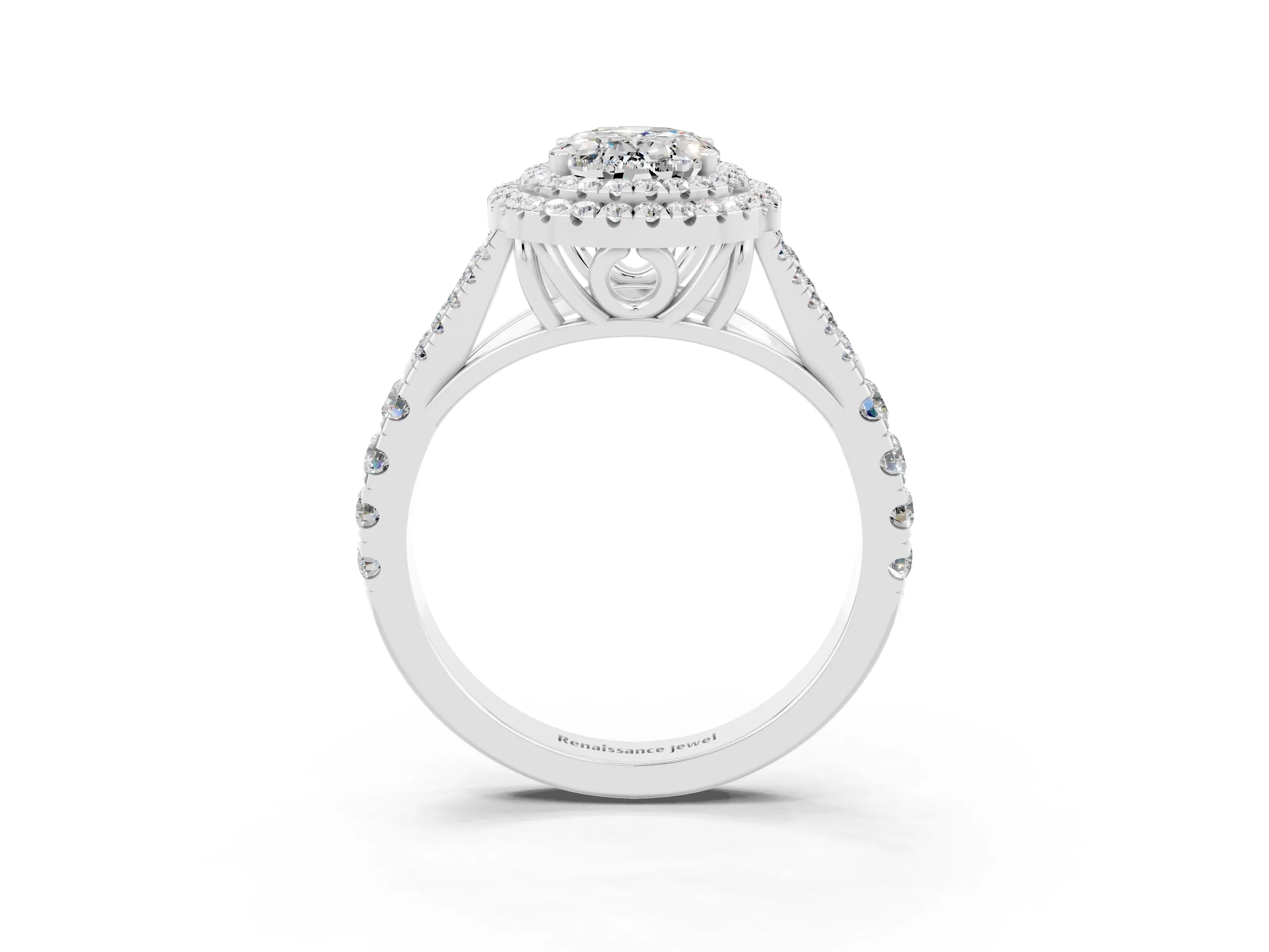 White gold Oval Cut Moissanite Double Halo Ring with Split Shank and Prong Setting_27