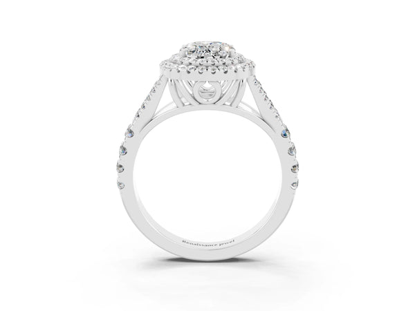 White gold Oval Cut Moissanite Double Halo Ring with Split Shank and Prong Setting