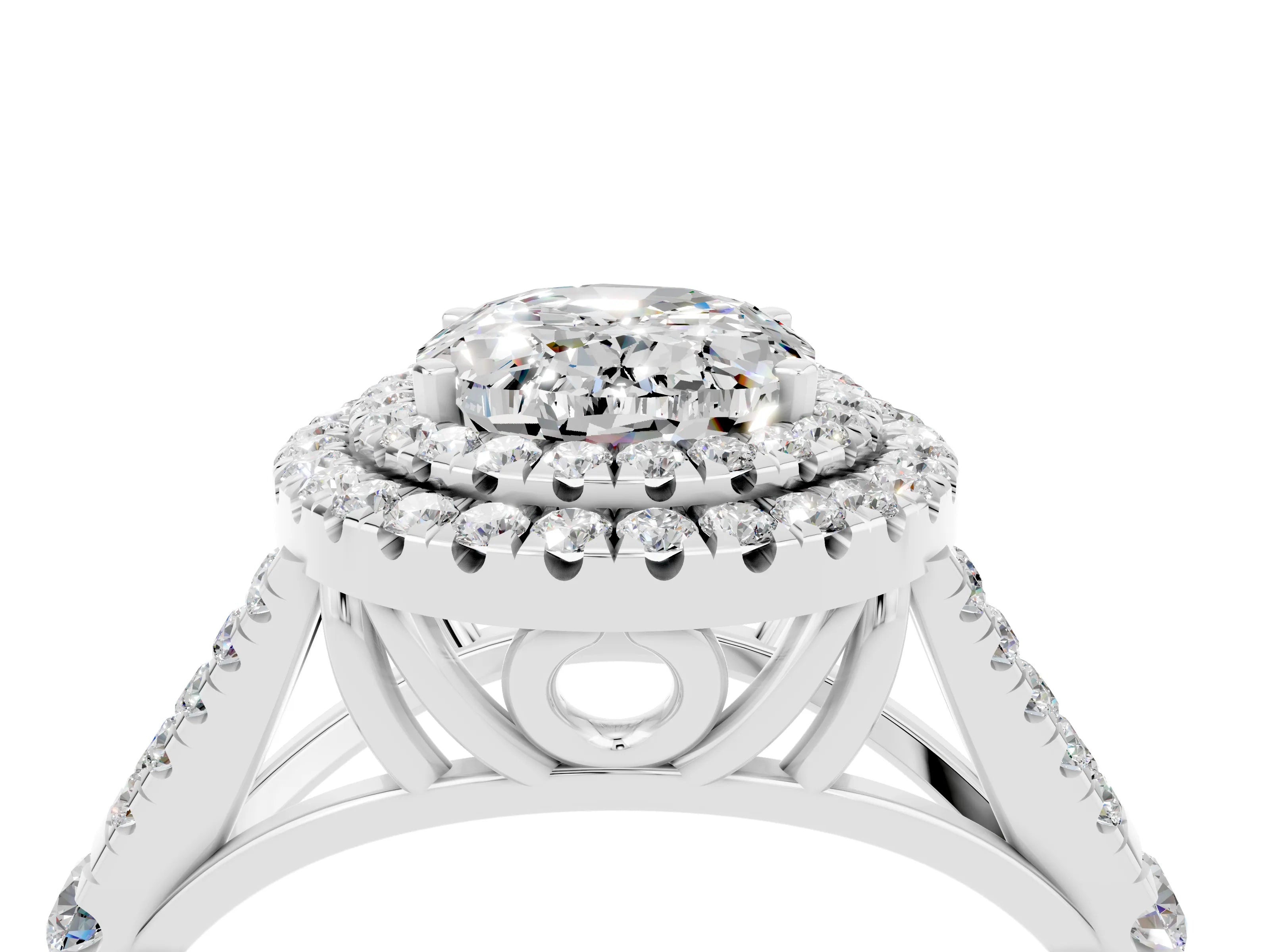 White gold Oval Cut Moissanite Double Halo Ring with Split Shank and Prong Setting_28