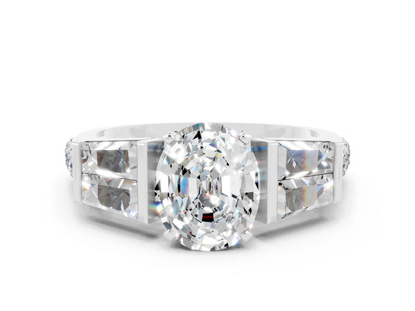 Platinum Oval Cut Moissanite Engagement Ring with Baguette Side Stones and Channel Set Band