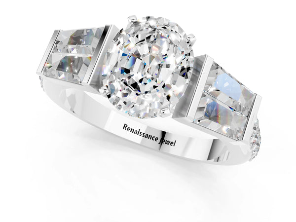Platinum Oval Cut Moissanite Engagement Ring with Baguette Side Stones and Channel Set Band