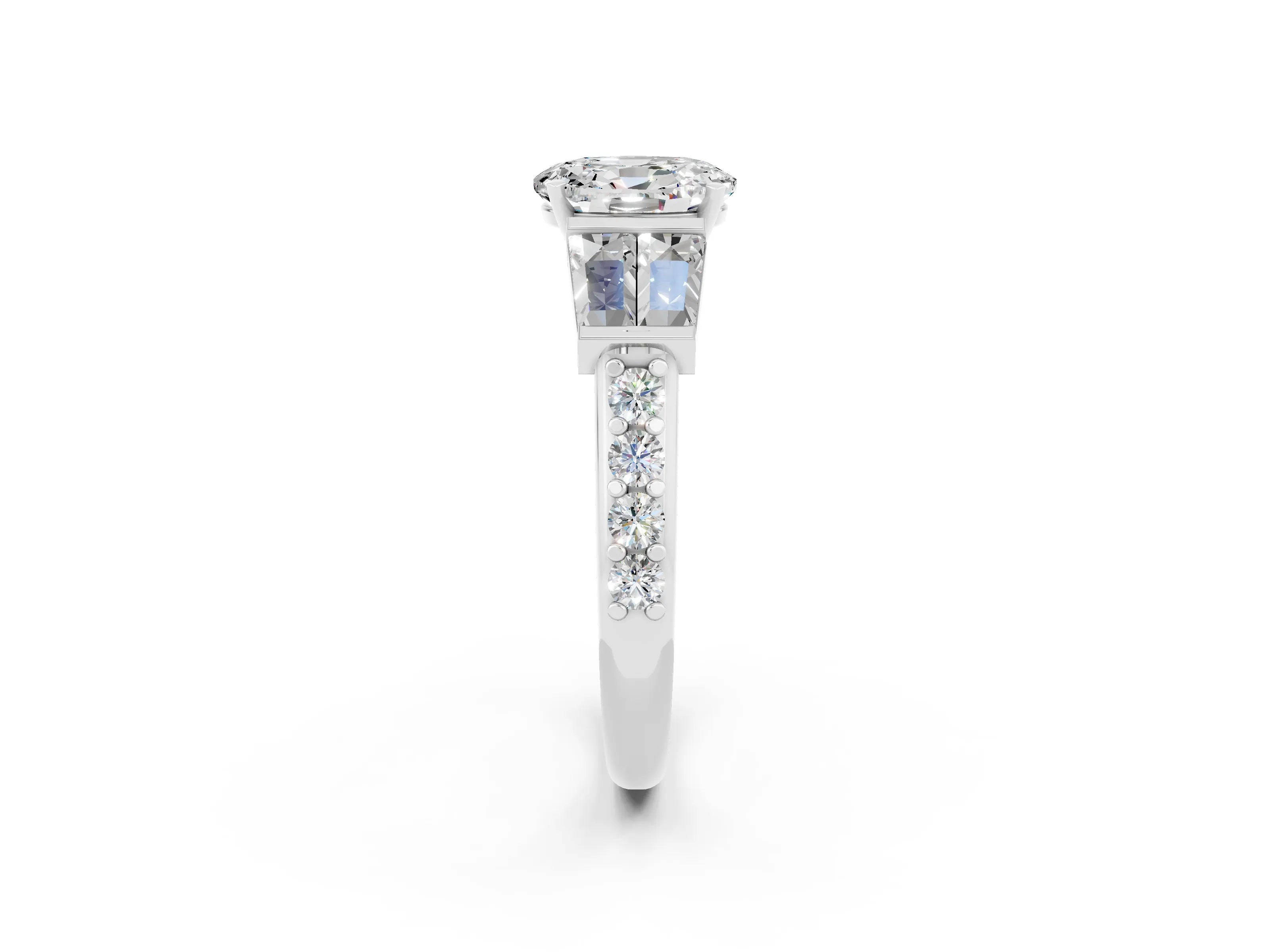White gold Oval Cut Moissanite Engagement Ring with Baguette Side Stones and Channel Set Band_2