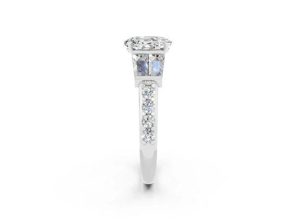 Silver Oval Cut Moissanite Engagement Ring with Baguette Side Stones and Channel Set Band