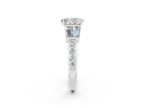 White gold Oval Cut Moissanite Engagement Ring with Baguette Side Stones and Channel Set Band_2