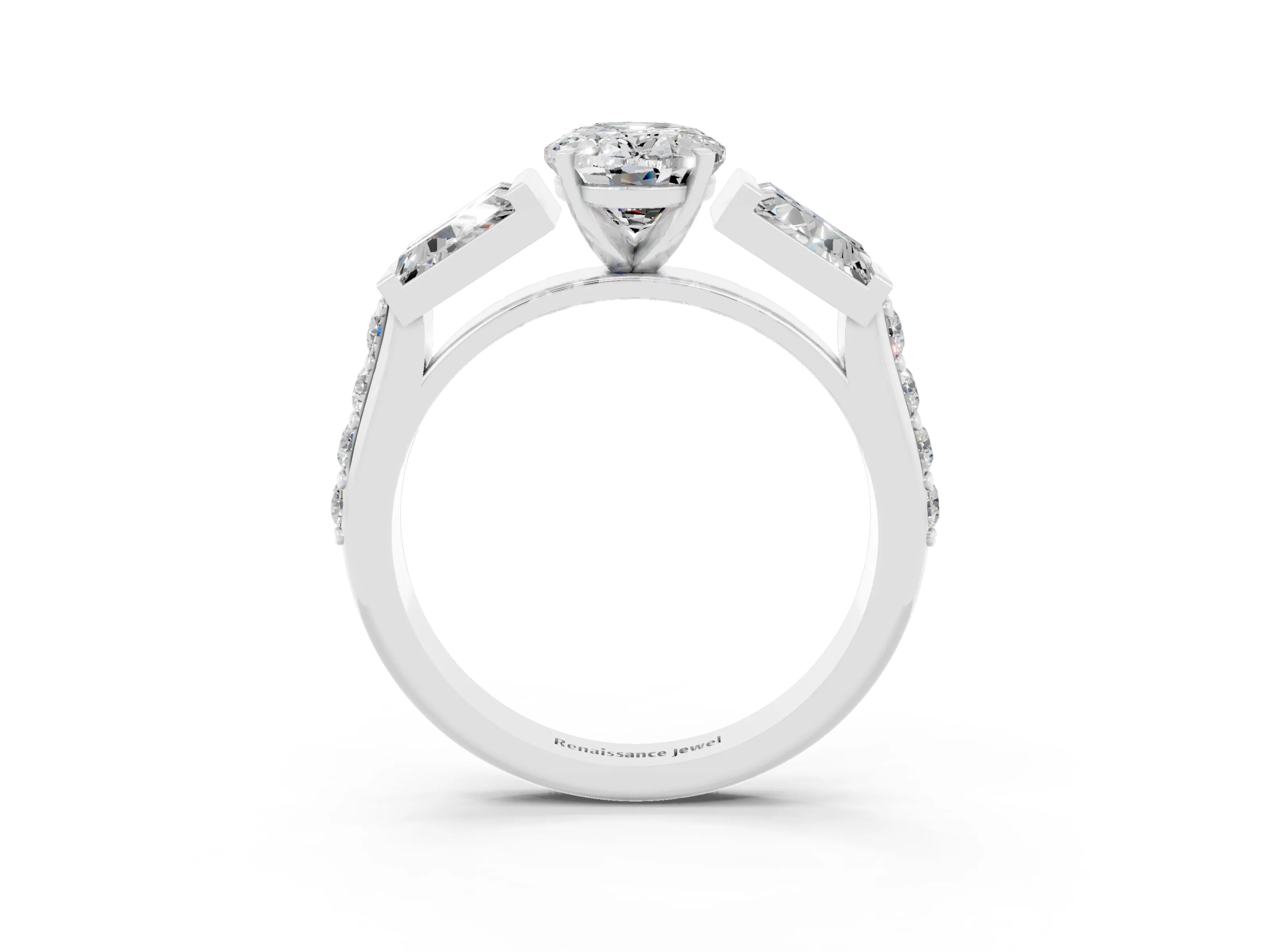 White gold Oval Cut Moissanite Engagement Ring with Baguette Side Stones and Channel Set Band_3