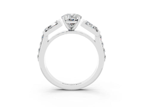 White gold Oval Cut Moissanite Engagement Ring with Baguette Side Stones and Channel Set Band_3
