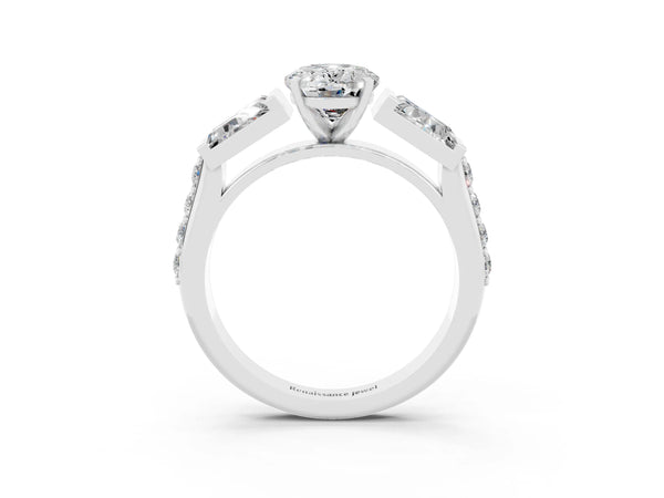 White gold Oval Cut Moissanite Engagement Ring with Baguette Side Stones and Channel Set Band