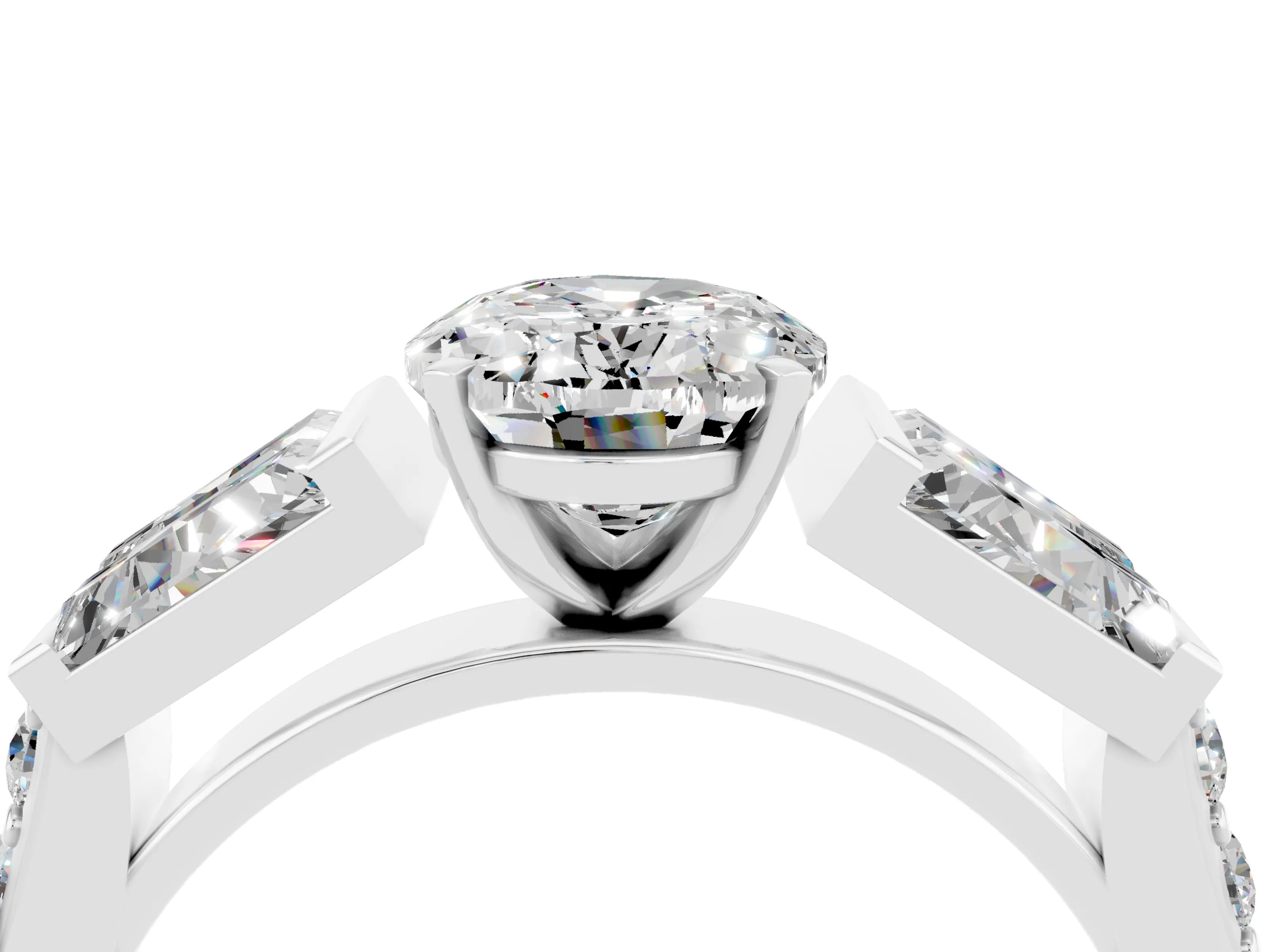 White gold Oval Cut Moissanite Engagement Ring with Baguette Side Stones and Channel Set Band_4
