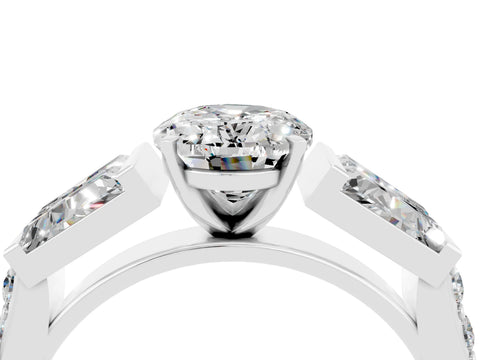 White gold Oval Cut Moissanite Engagement Ring with Baguette Side Stones and Channel Set Band_4