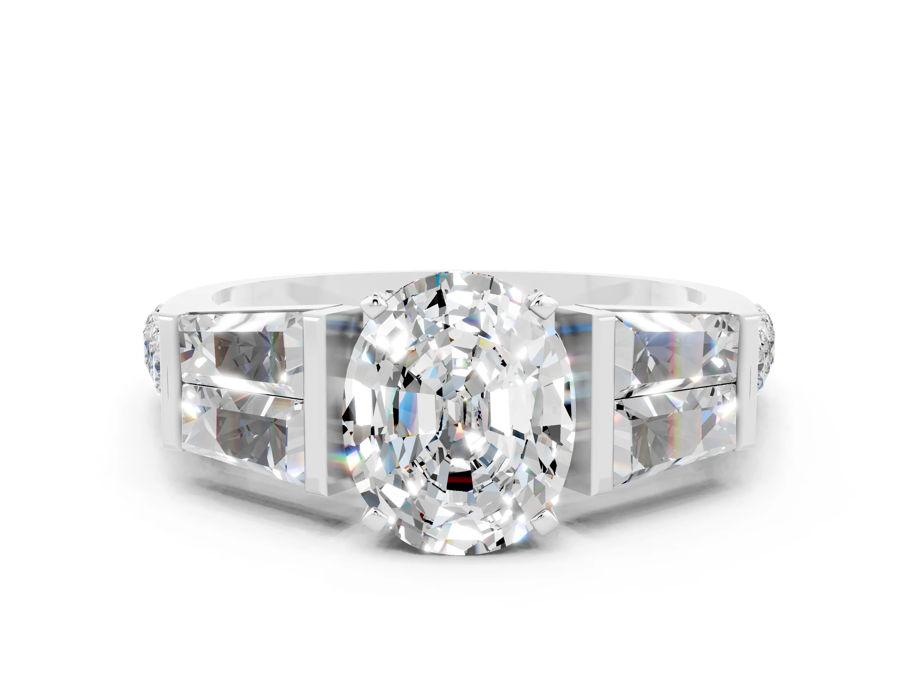 White gold Oval Cut Moissanite Engagement Ring with Baguette Side Stones and Channel Set Band