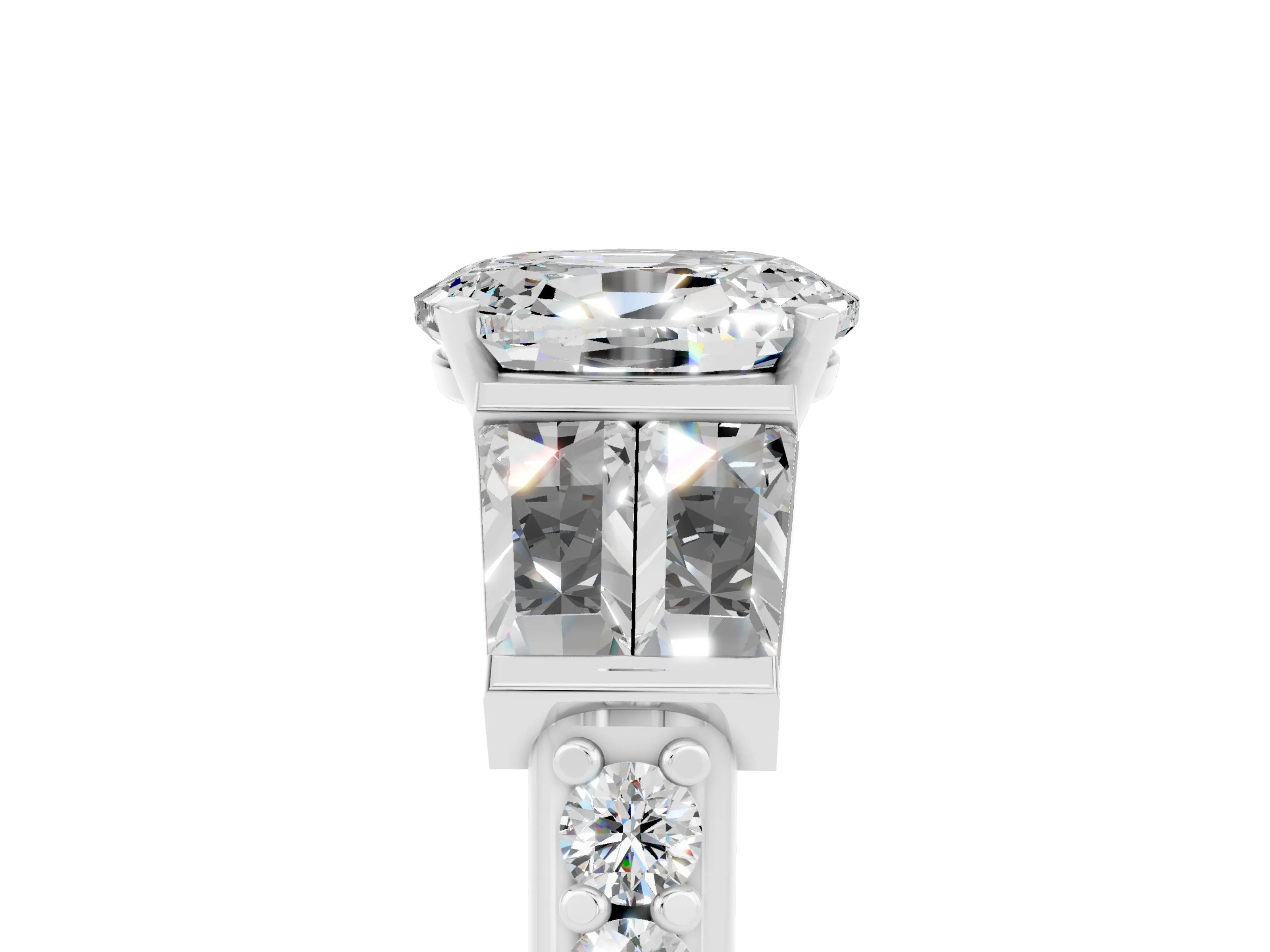 White gold Oval Cut Moissanite Engagement Ring with Baguette Side Stones and Channel Set Band_5