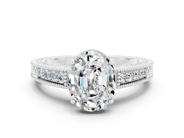 Platinum Oval Cut Moissanite Engagement Ring with Milgrain Channel Set Band and Prong Setting