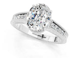 White gold Oval Cut Moissanite Engagement Ring with Milgrain Channel Set Band and Prong Setting_1