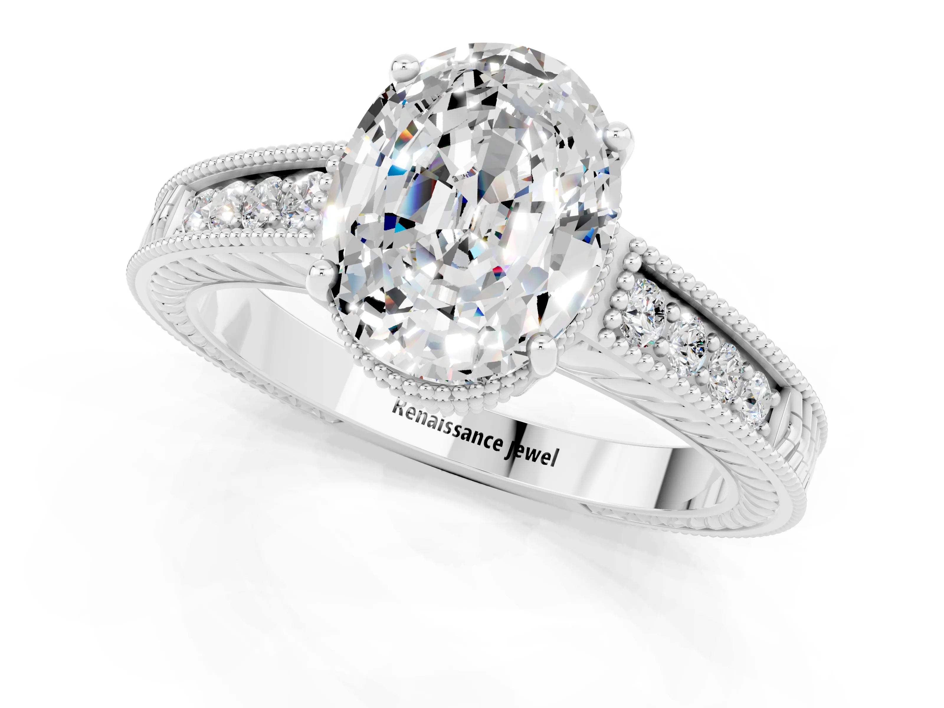 White gold Oval Cut Moissanite Engagement Ring with Milgrain Channel Set Band and Prong Setting_1