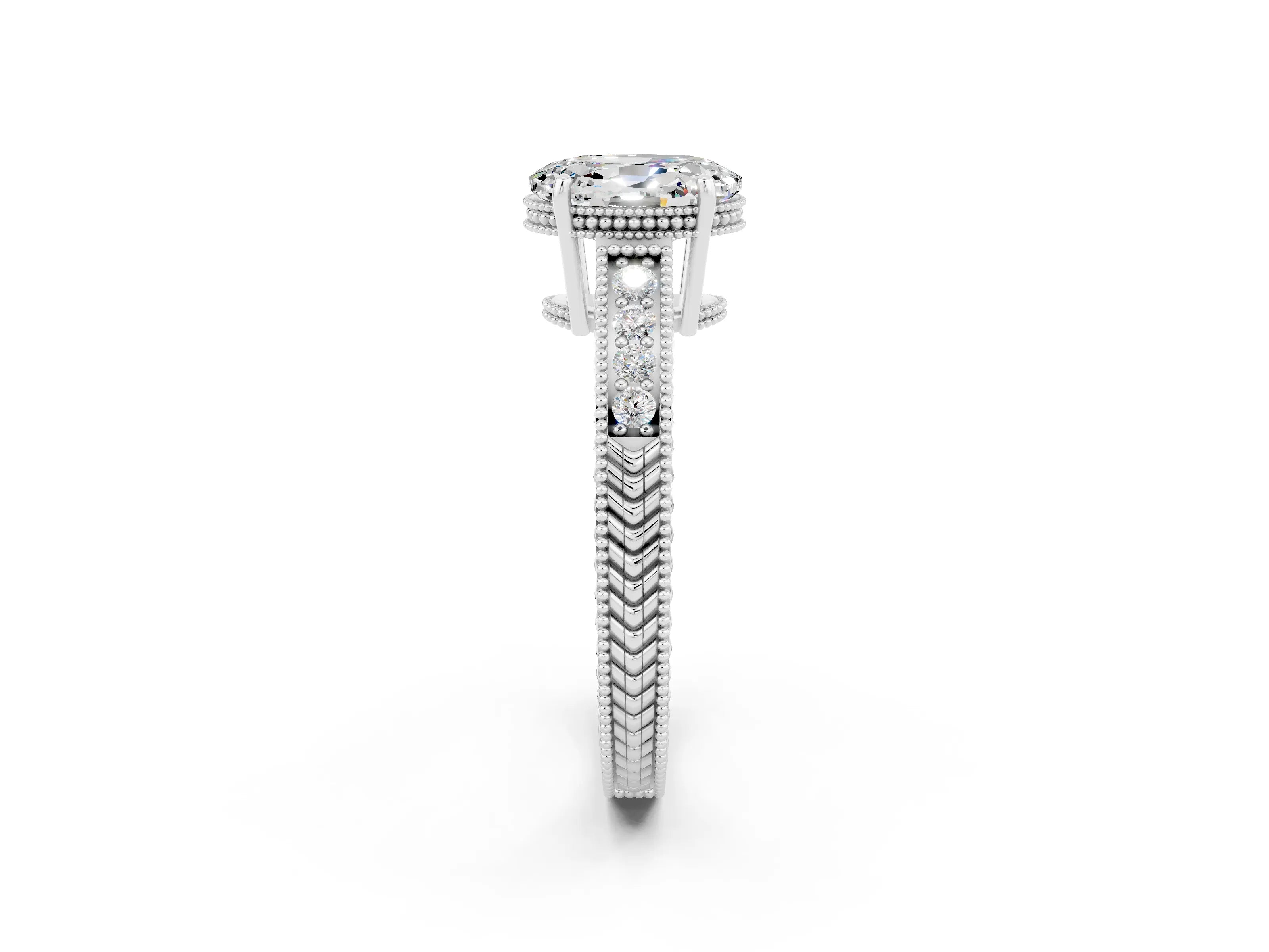White gold Oval Cut Moissanite Engagement Ring with Milgrain Channel Set Band and Prong Setting_2