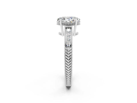 White gold Oval Cut Moissanite Engagement Ring with Milgrain Channel Set Band and Prong Setting_2