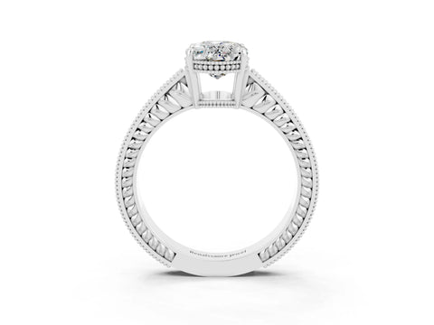 White gold Oval Cut Moissanite Engagement Ring with Milgrain Channel Set Band and Prong Setting_3