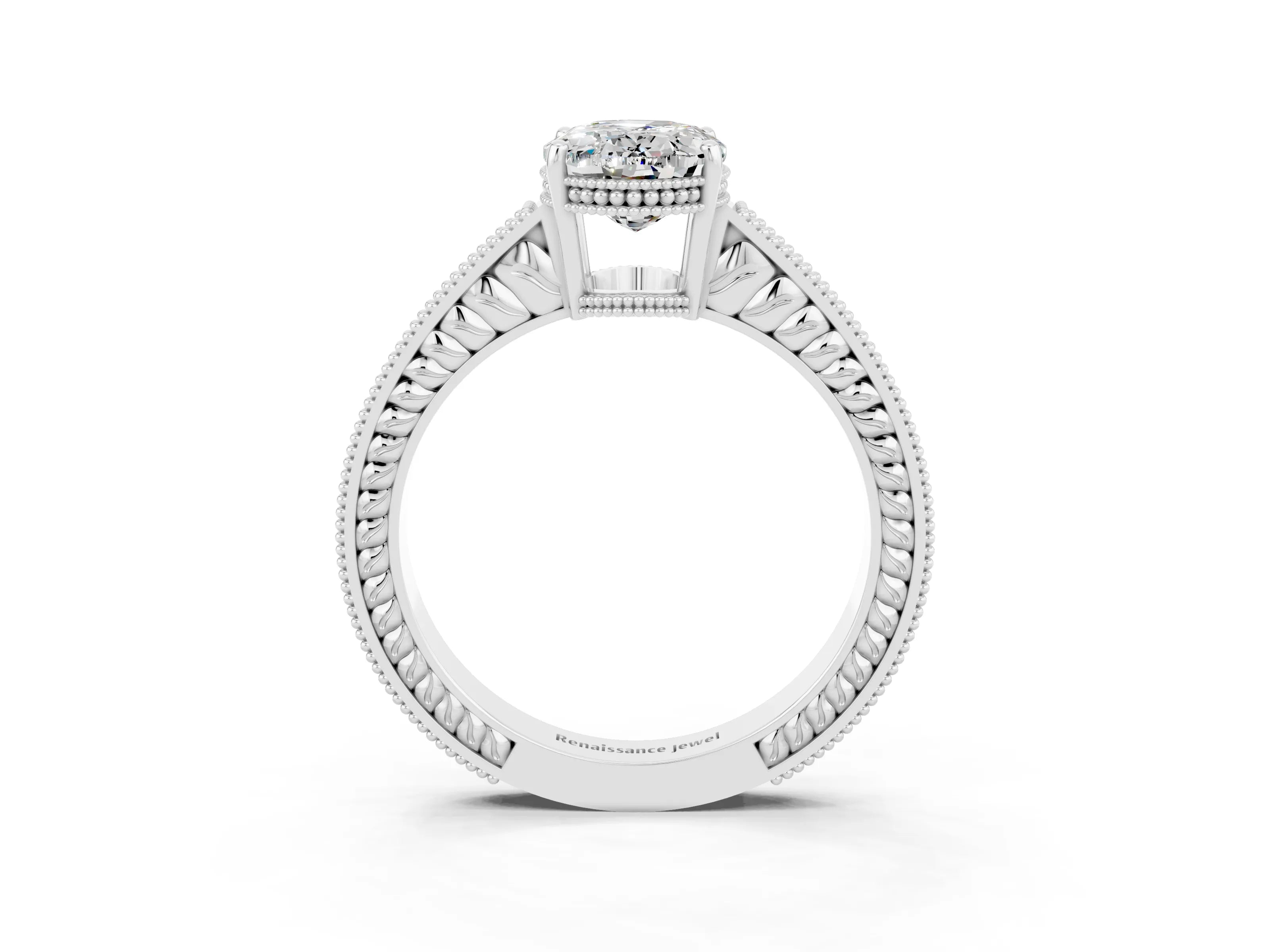 White gold Oval Cut Moissanite Engagement Ring with Milgrain Channel Set Band and Prong Setting_3