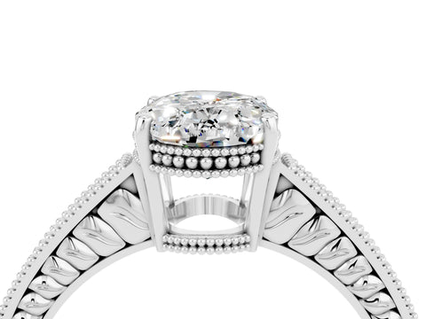 White gold Oval Cut Moissanite Engagement Ring with Milgrain Channel Set Band and Prong Setting_4