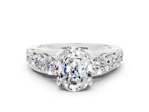 White gold Oval Cut Moissanite Engagement Ring with Pavé Band and Four-Prong Setting