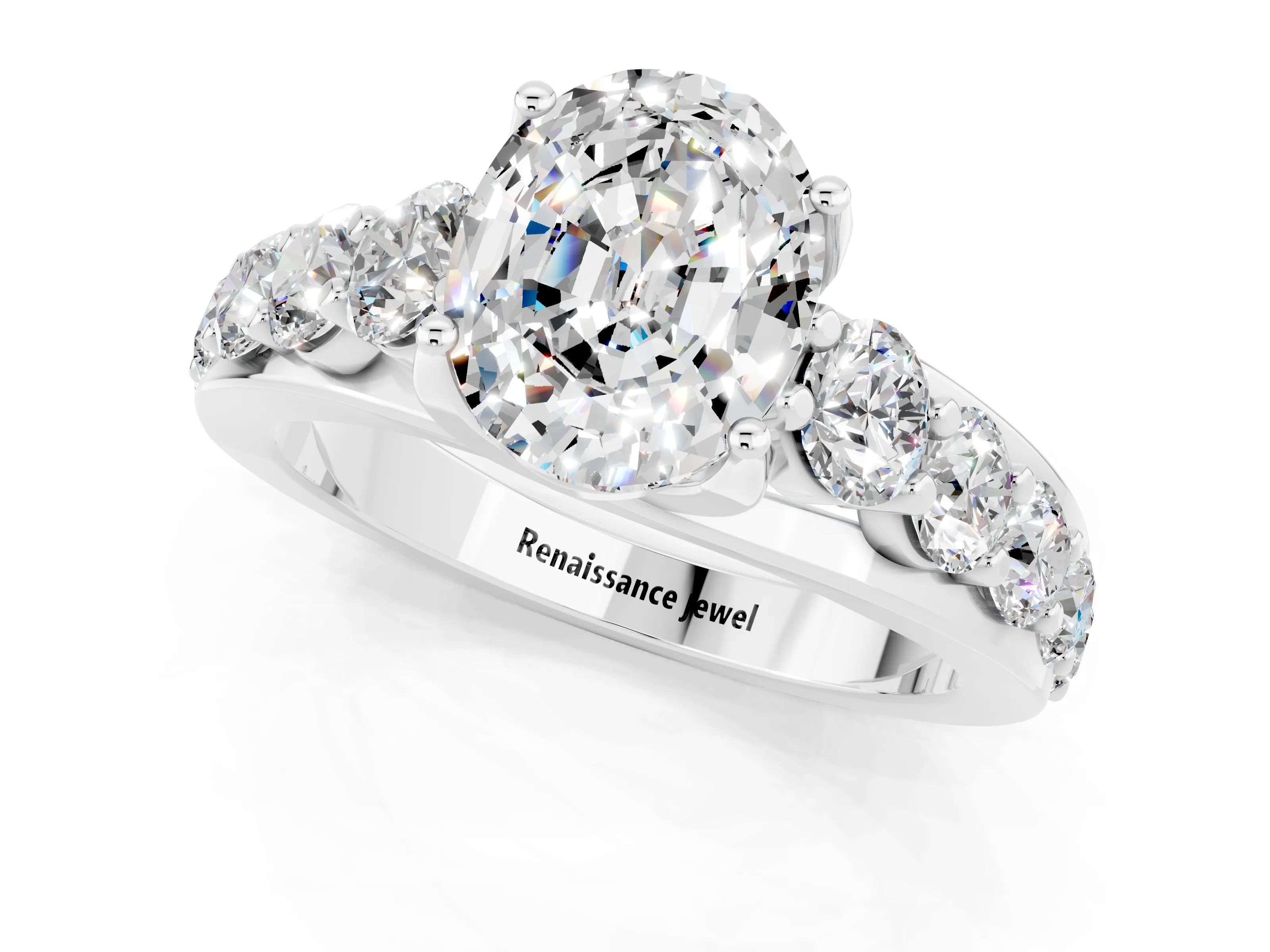 White gold Oval Cut Moissanite Engagement Ring with Pavé Band and Four-Prong Setting_1