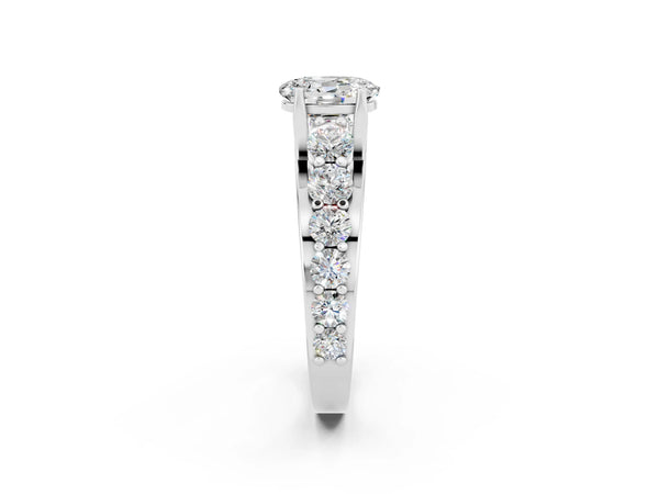 Platinum Oval Cut Moissanite Engagement Ring with Pavé Band and Four-Prong Setting