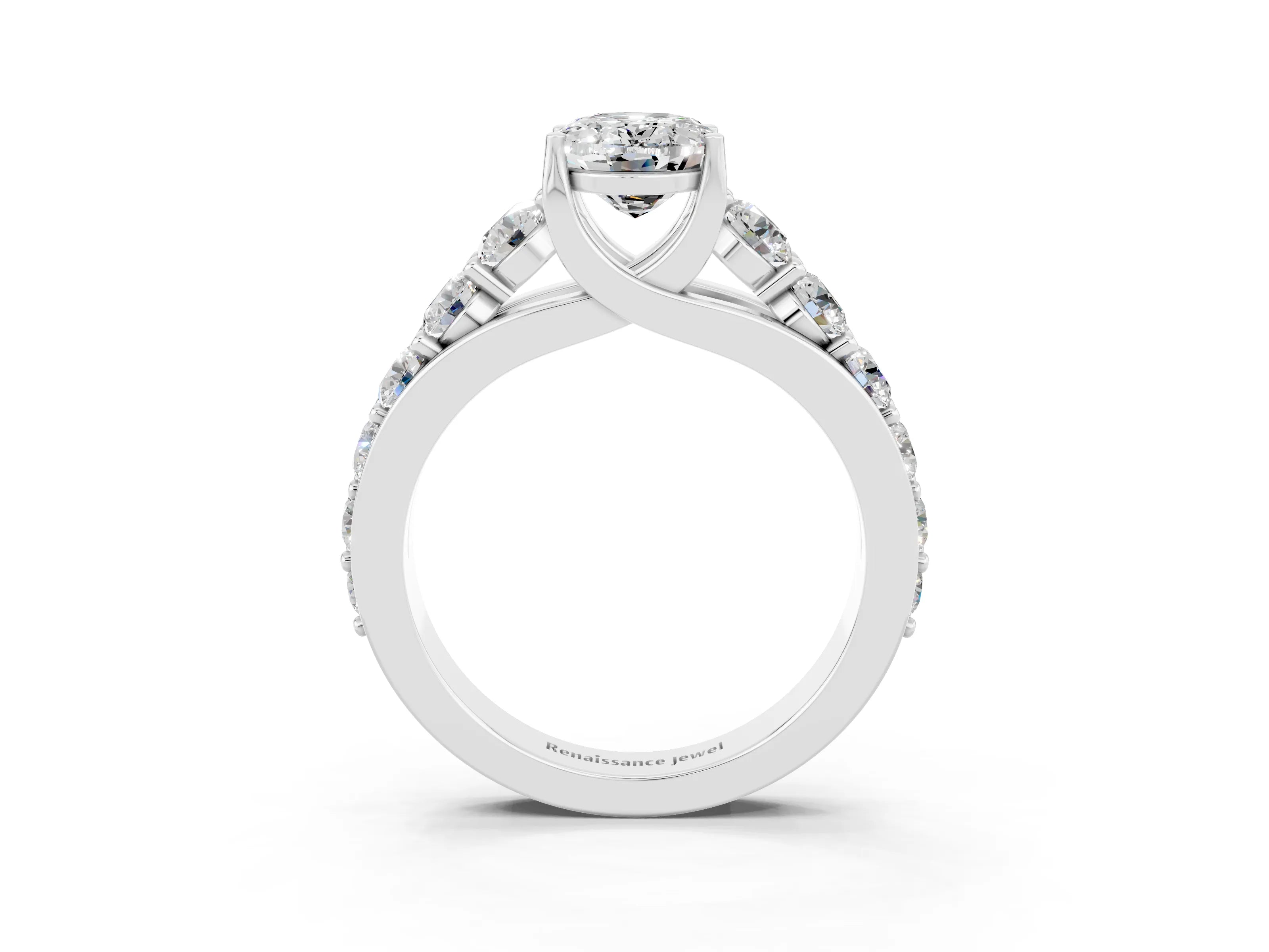 White gold Oval Cut Moissanite Engagement Ring with Pavé Band and Four-Prong Setting_3