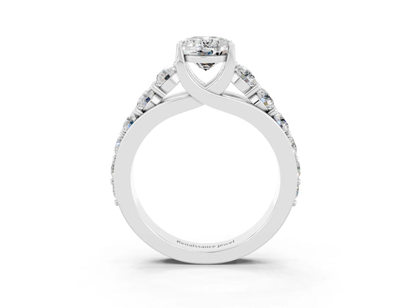 Platinum Oval Cut Moissanite Engagement Ring with Pavé Band and Four-Prong Setting