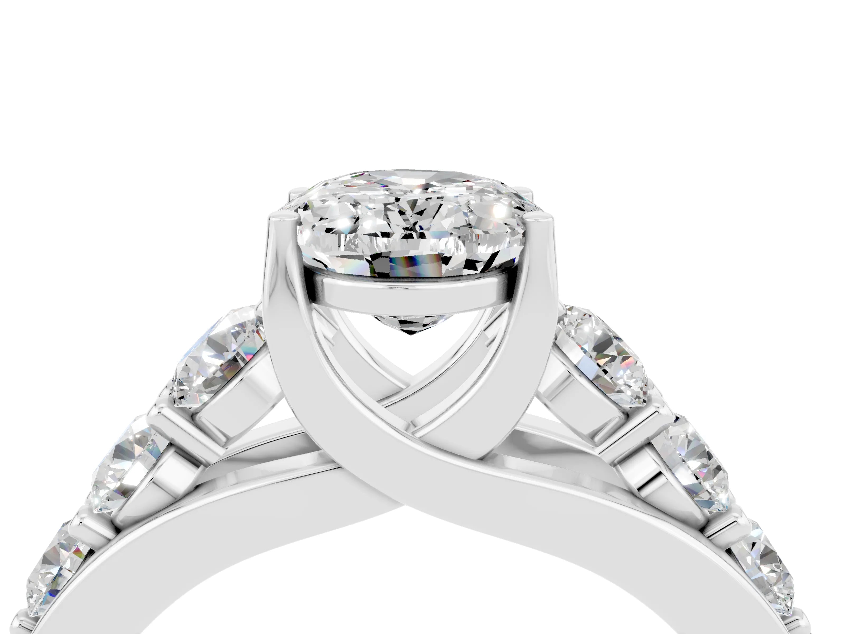 White gold Oval Cut Moissanite Engagement Ring with Pavé Band and Four-Prong Setting_4