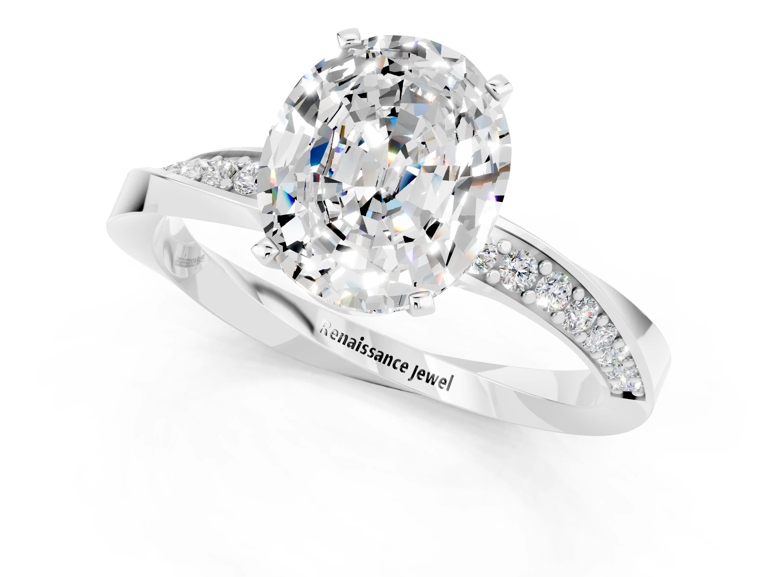 White gold Oval Cut Moissanite Engagement Ring with Side Stone Accents and Four-Prong Setting_28