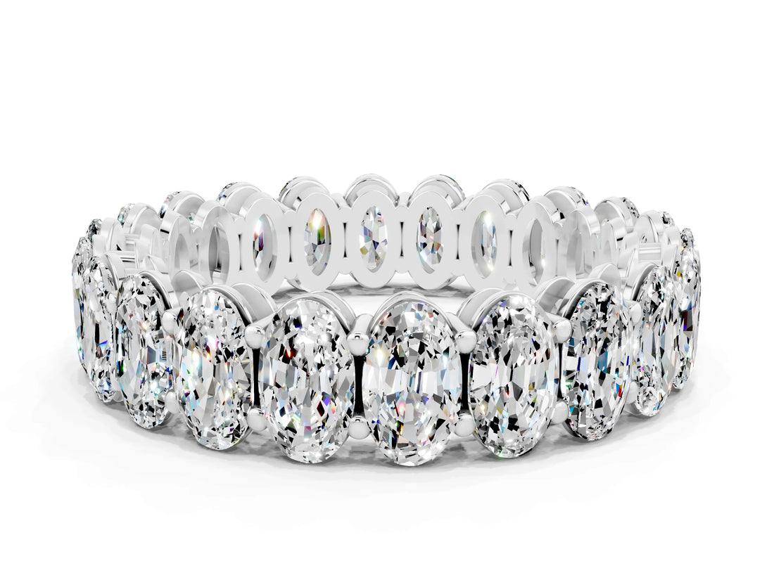 White gold Oval Cut Moissanite Eternity Band with Shared Prong Setting