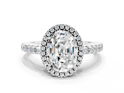 White gold Oval Cut Moissanite Halo Engagement Ring with Pavé Band and Prong Setting_12