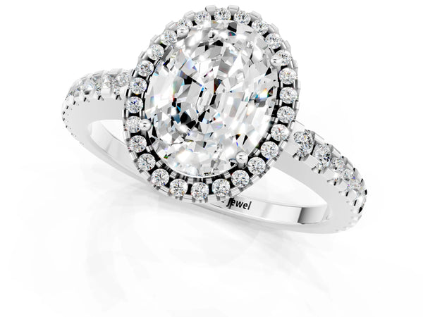 White gold Oval Cut Moissanite Halo Engagement Ring with Pavé Band and Prong Setting