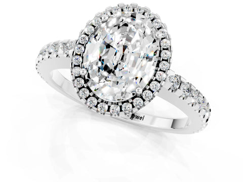 White gold Oval Cut Moissanite Halo Engagement Ring with Pavé Band and Prong Setting_13