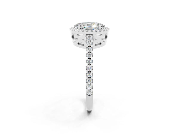 Platinum Oval Cut Moissanite Halo Engagement Ring with Pavé Band and Prong Setting