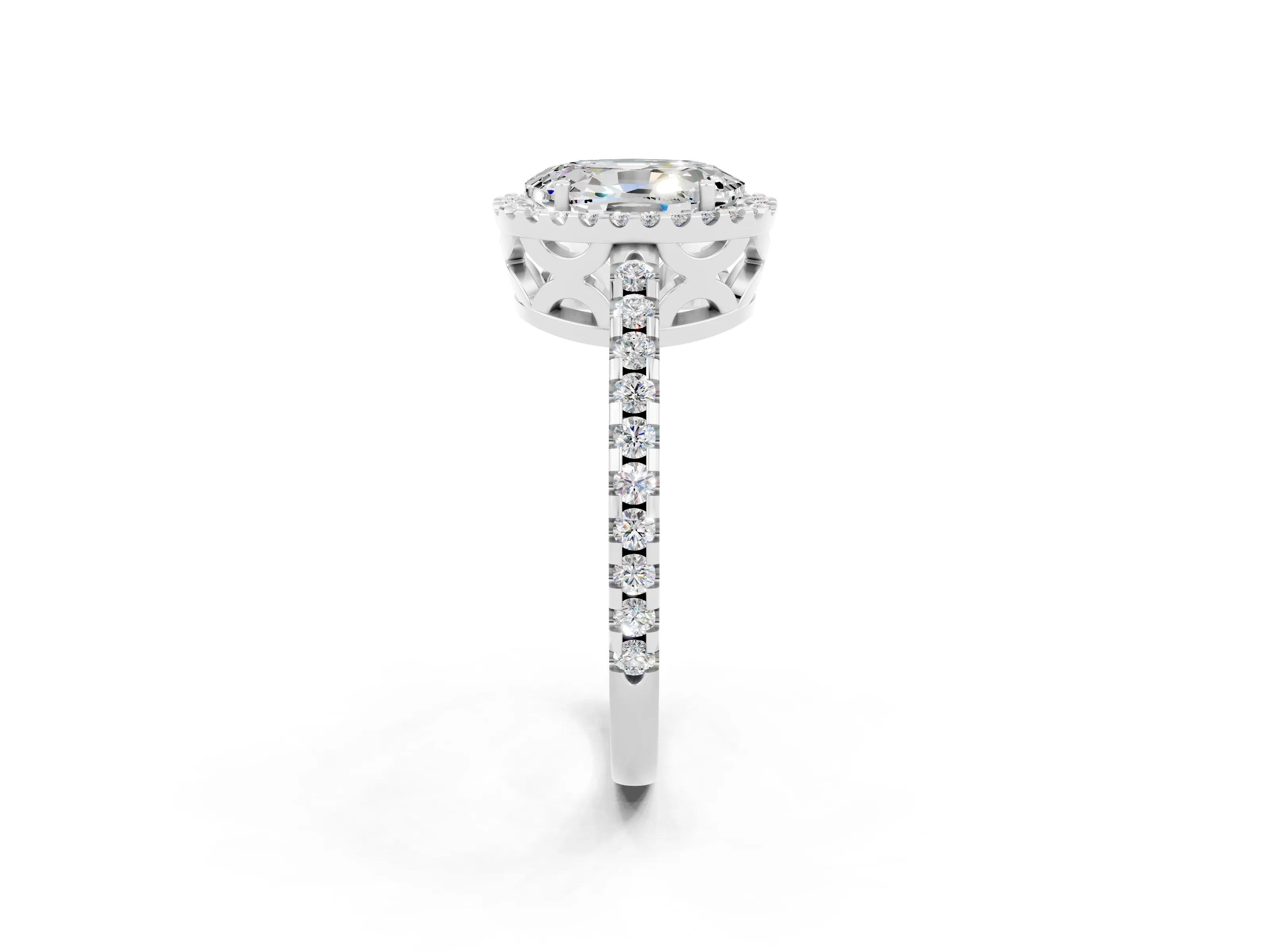 White gold Oval Cut Moissanite Halo Engagement Ring with Pavé Band and Prong Setting_14